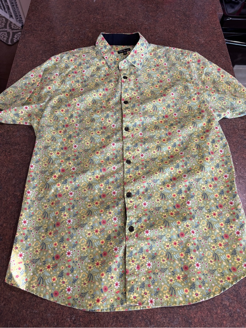Galaxy by Harvic Large Mens Short Sleeve Button Up 70’s Style Green Floral